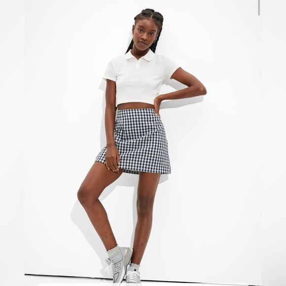American Eagle Gingham Notched Mini Skirt Navy White Cotton Linen Size M - Picture 3 of 7